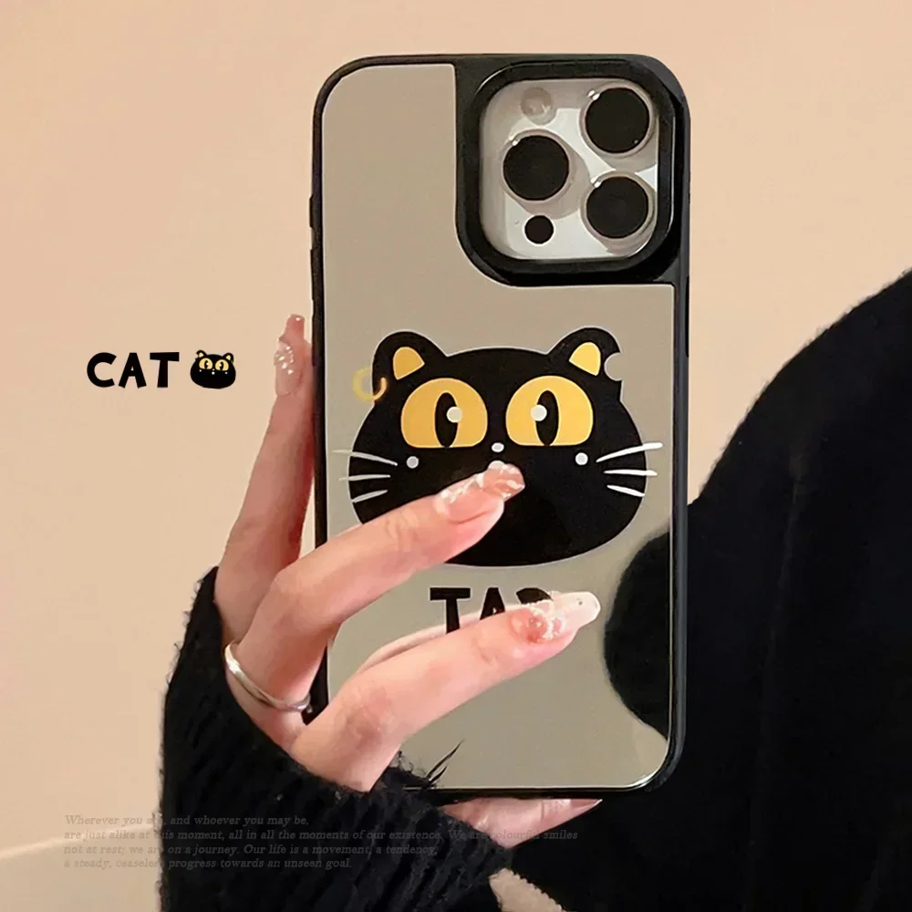 Funny earrings Black Cat kitten art mirror Phone Case For iPhone 16 15 14 13 12 Pro Max Case Cute cartoon Shockproof hard Cover