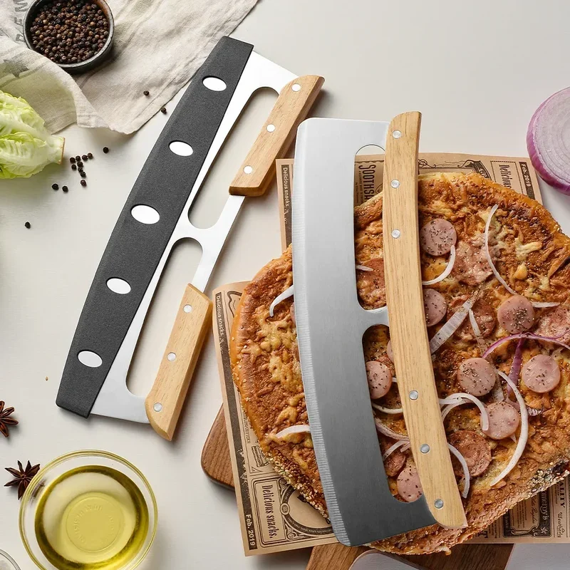 14 Inch Pizza Cutter Stainless Steel Pizza Slicer Wooden Handles Rocker Blade Knife Cutters with Protective Cover Kitchen Tools