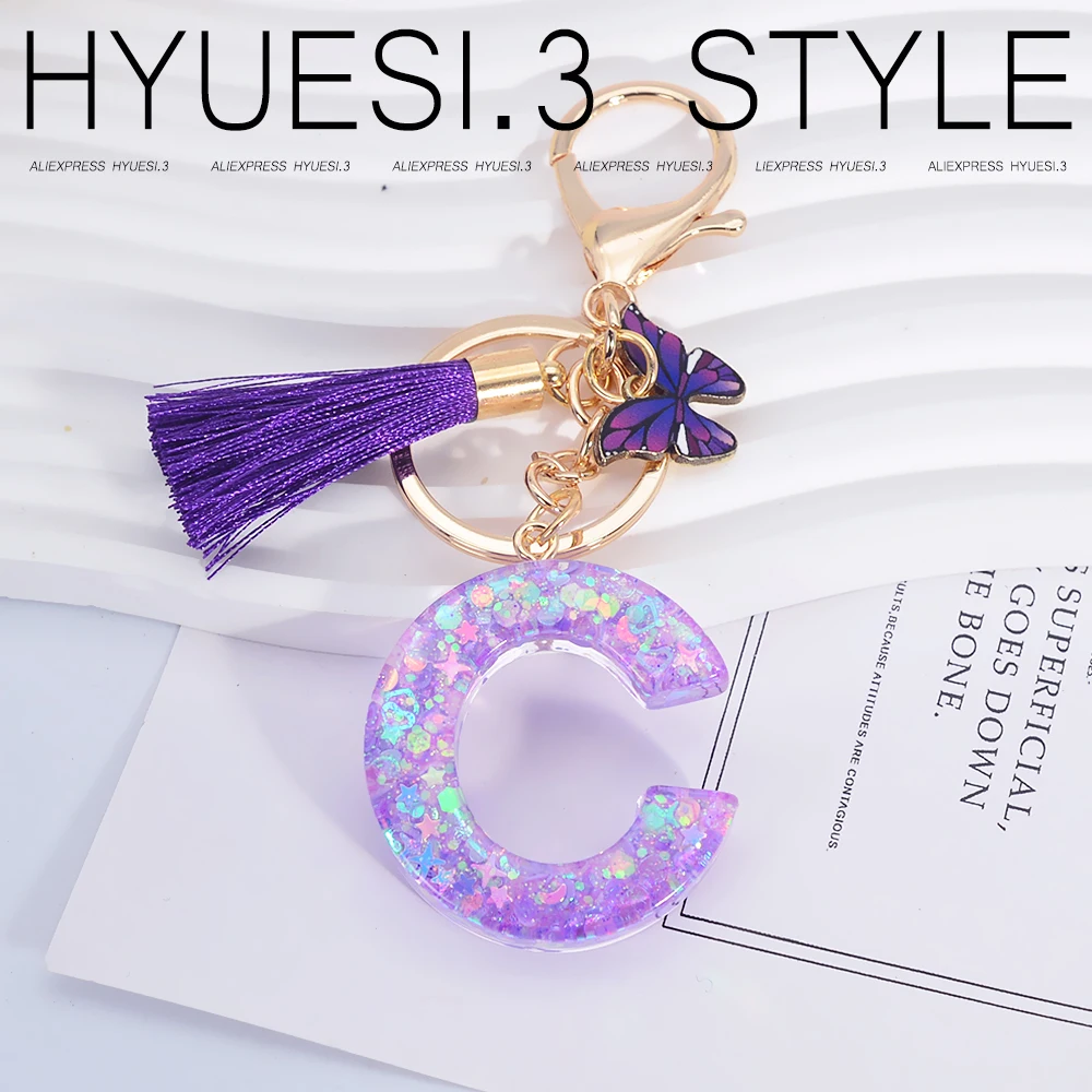 A-Z Resin Letter Keychain Purple Butterfly Tassel Initials Pendant Key Rings Purse Backpack Decoration Kid Girls Party Gifts