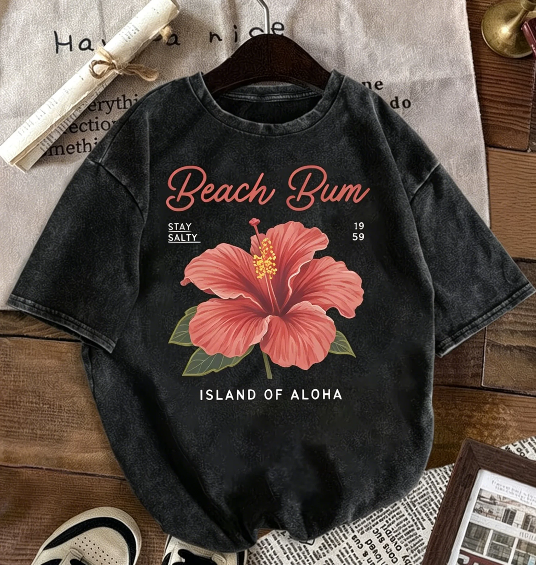 Vintage Beach Bum Graphic T-Shirt Washed Cotton Acid Wash Streetwear Tee Retro Island of Aloha Top Oversized Casual Summer Wear