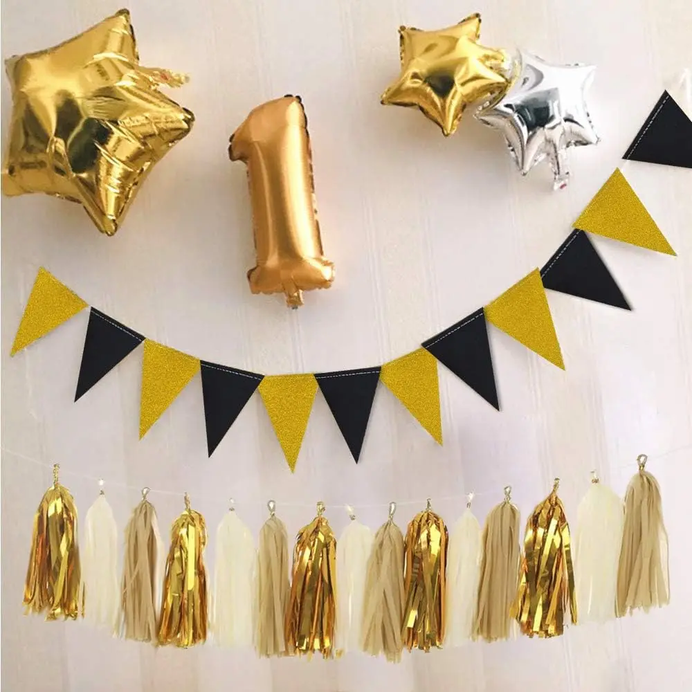 Birthday, Wedding, Graduation Party Black Gold Triangle Flag Party Background Banner Decoration