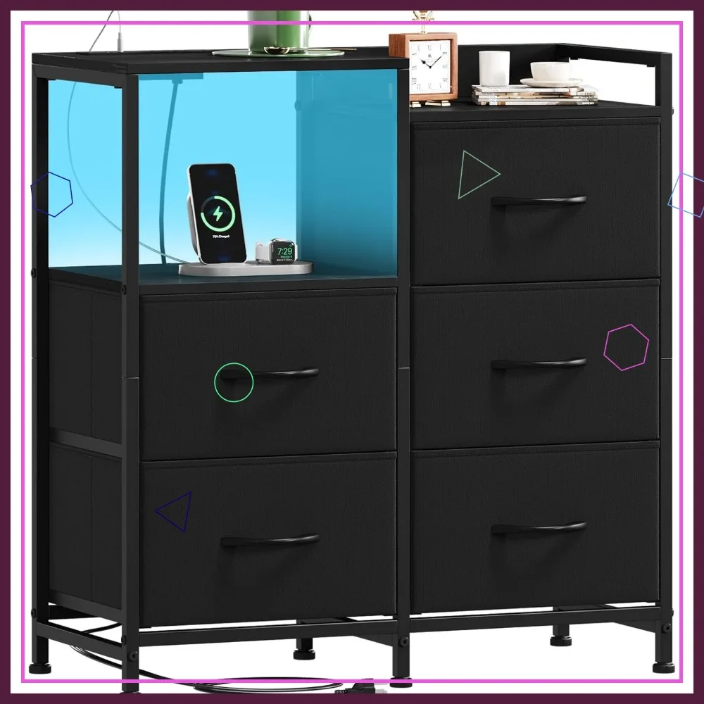

Black Nightstand with Charging Station, LED Light, 5 Drawers and Open Shelf for Bedroom Storage