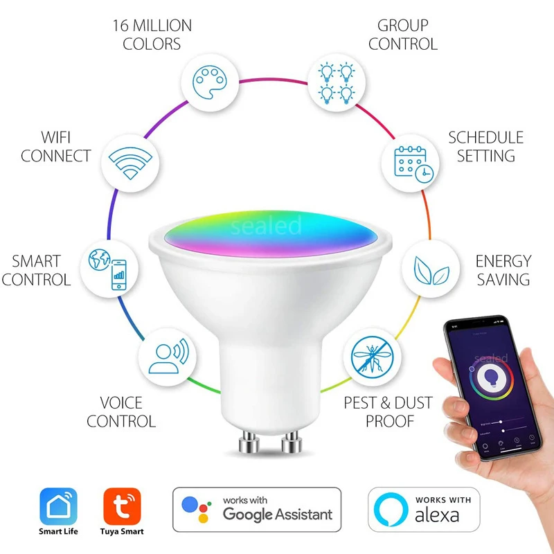 أضواء LED داخلية حديثة GU10 كوب RGBCW لمبة ذكية بخمسة اتجاهات من البلاستيك يرتدون الألومنيوم قاعدة WiFi G10