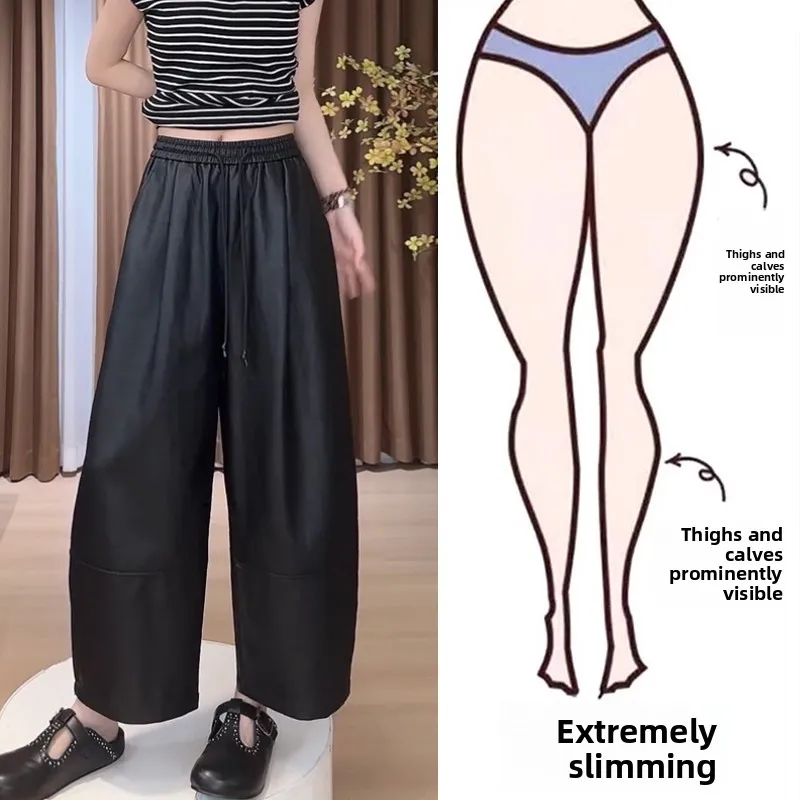 

Женские кожаные брюки с высокой талией, прямого кроя, премиум-класса, осенне-весенние, больших размеров, для фигуры типа «груша», утягивающие, длиной 7/8