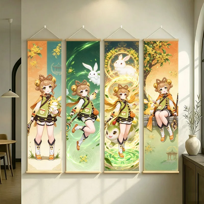 Hanging Scroll Wall Art of Genshin Impact Yaoyao with Green and Gold Motifs on Silver Shimmer Canvas for an Anime Bedroom