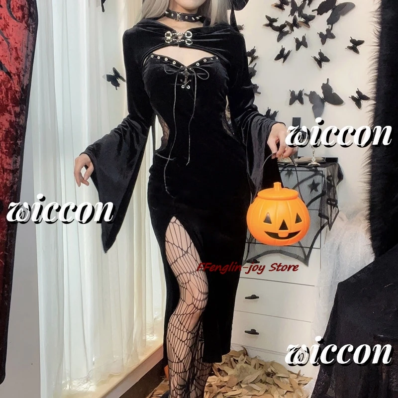 Halloween Gothic Grunge Punk Women Dress Long Sleeve Horn Sleeve Black Sexy Dress 2024 New Y2K Harajuku Party Dress