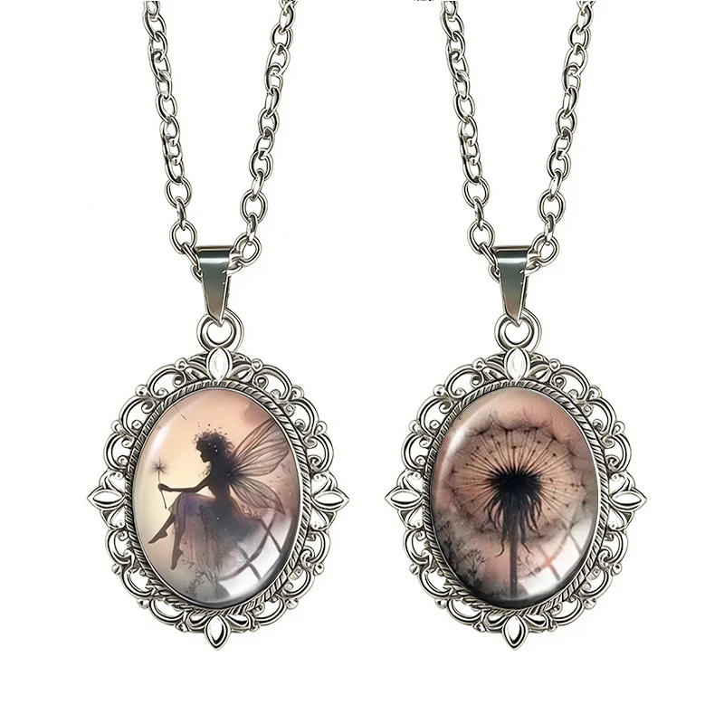 Schwarze Löwenzahn-Elfen-Feen-Halskette mit asymmetrischem Anhänger für Frauen, gotische ovale Glas-Halskette mit Anhänger, Schmuck