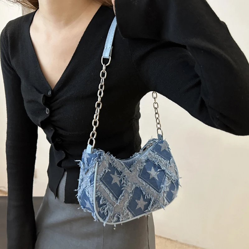 

Women's Tote Bag with Star Pattern Blue Distressed Design Golden-Tone Hardware Stylish Handbag Shoulder Bag for Everyday Use