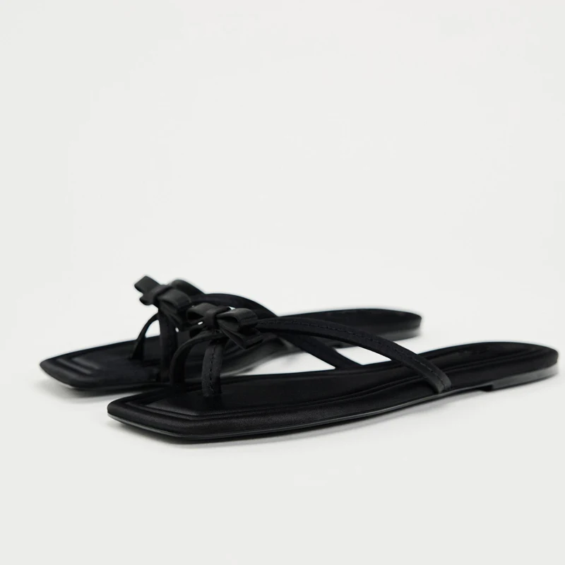 

Summer New Arrival TRF Women's Flat Sandals Black Bow Tie Toe Strap Slip-On Shoes Square Head Outdoor Slippers