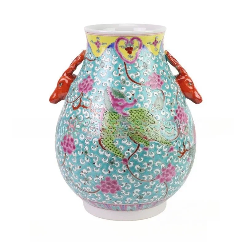 

Pastel porcelain vase hand painted phoenix cabbage unicorn pattern Nyonya vase retro home collection ornament