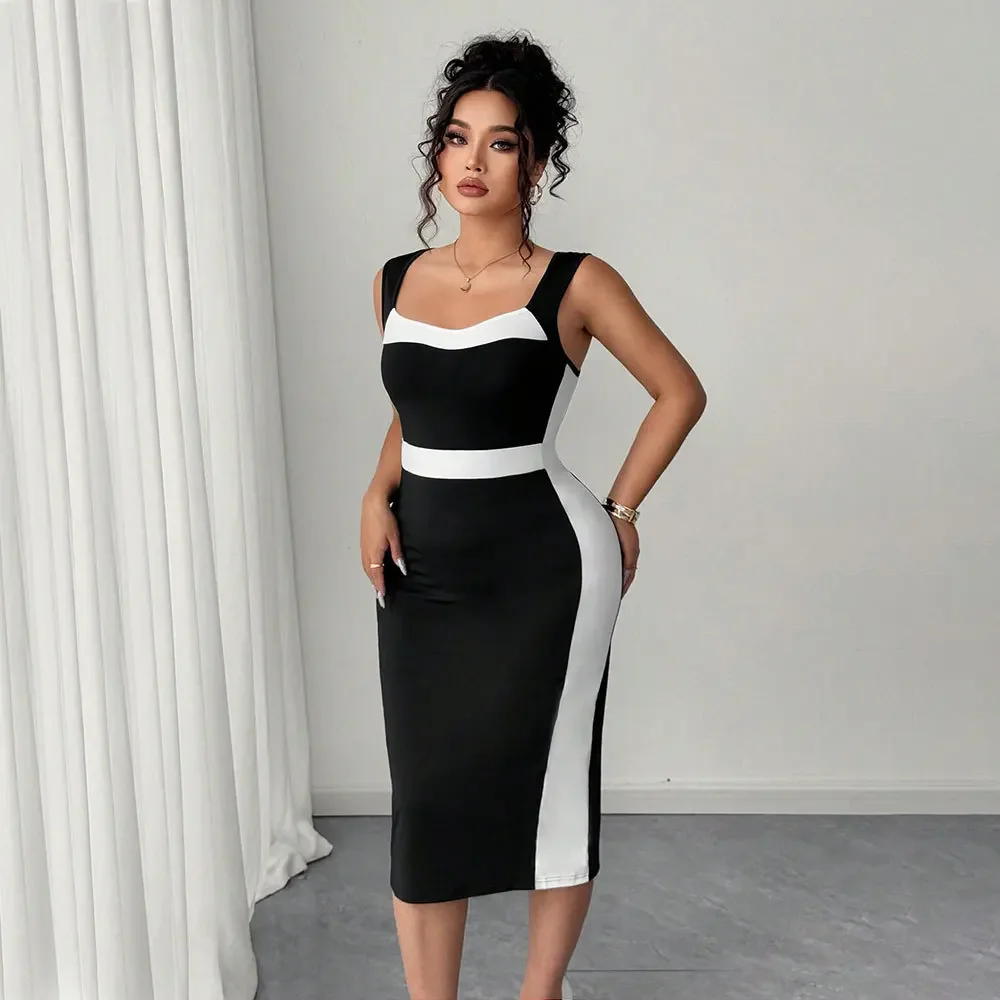 Elegancka sukienka w stylu intelektualnym dla kobiet plus size, nowa letnia francuska sukienka z kontrastowymi elementami, średniej długości, streetwearowa, biała sukienka.