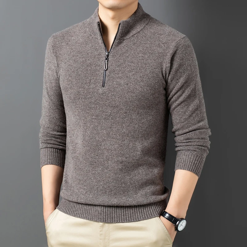 

Pure Wool Sweater Autumn and Winter Solid Color Half Turtleneck Zipper Knitted Bottoming Leisure Men's Sweater