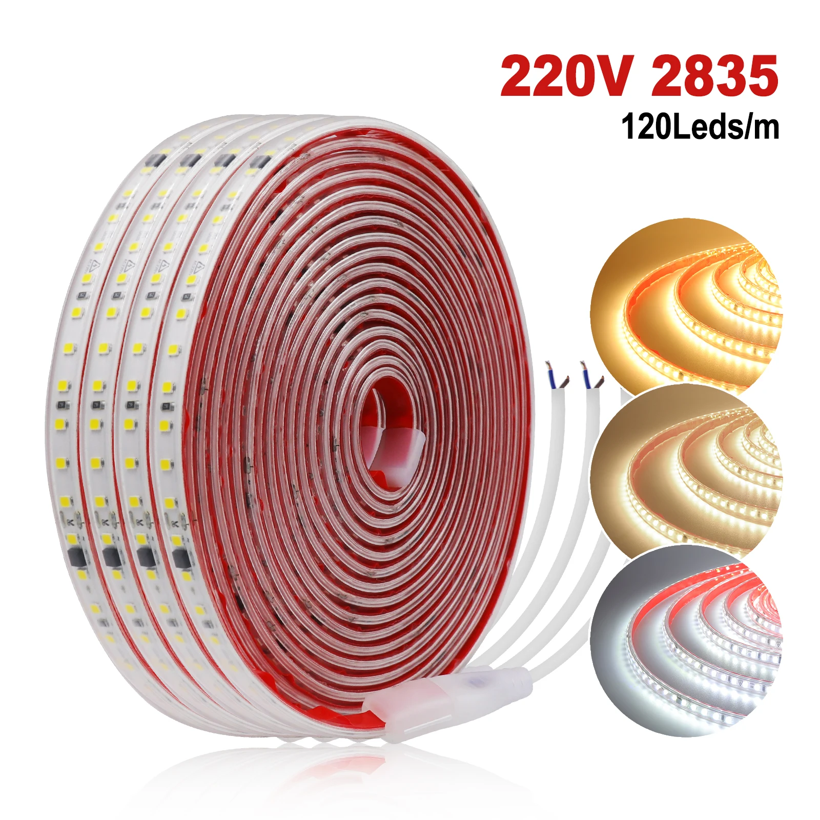 

AC220V LED Strip Light Adhesive Waterproof Ribbon Rope LED Light 2835 120Leds/M Flexible Diode Tape for Home Decor 3000K-6000K