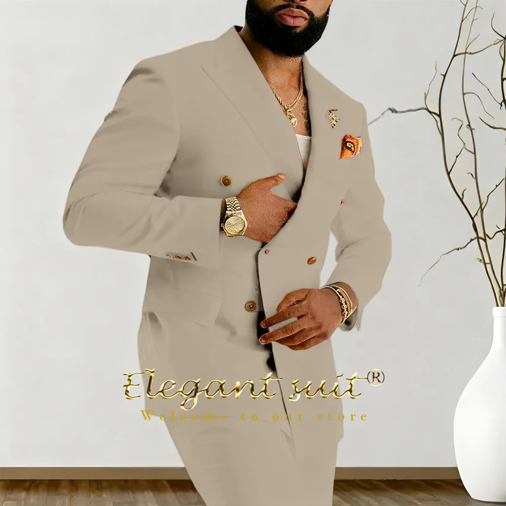 

Men's 2-Piece Suit, Double-Breasted, Light Khaki Texture, Including Suit & Trousers, Business & Casual Occasions