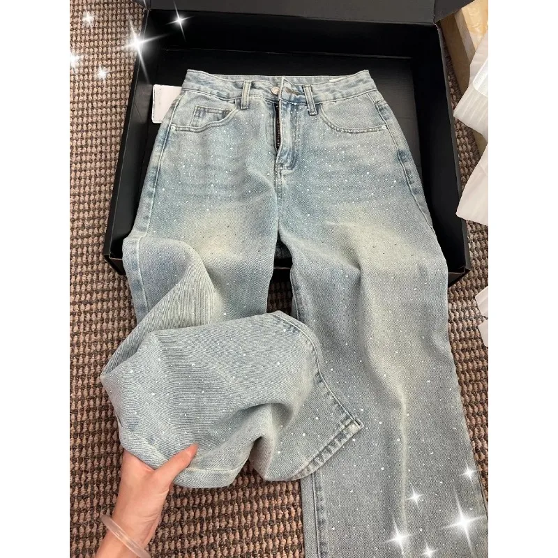 Women Light Blue Wide Leg Jeans 2026 Autumn New Rhinestone Design Loose Slim Straight Denim Trousers Streetwear
