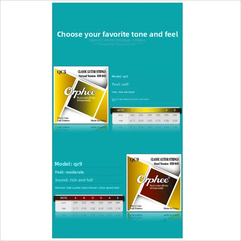ملحقات الجيتار، أوتار Orphee QC أوتار جيتار كلاسيكية، مجموعة أوتار من النايلون متوسطة وعالية التوتر #6