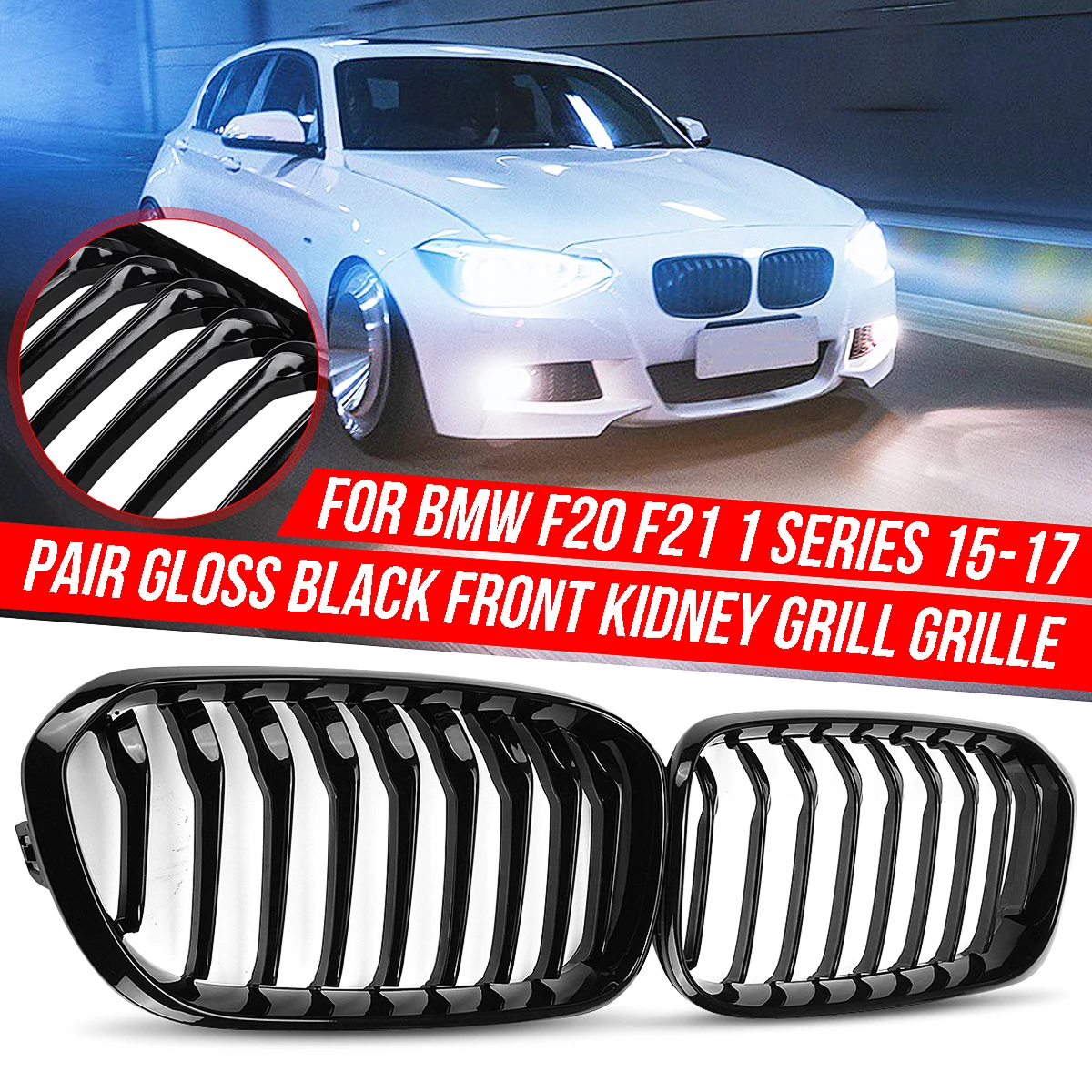 2015-2017 Front Bumper Kidney Grill Grille Glossy Black Racing Grille Sports Slat For BMW F20 F21 120i 1 Series 2015 2016 2017