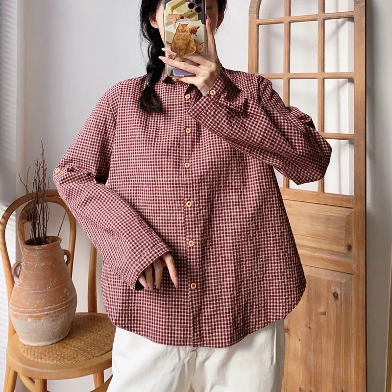 Johnature 2024 Japanese Plaid All Match Mori Cotton Linen Womens Tops And Blouses Spring New Turn-down Collar Loose Casual Shirt