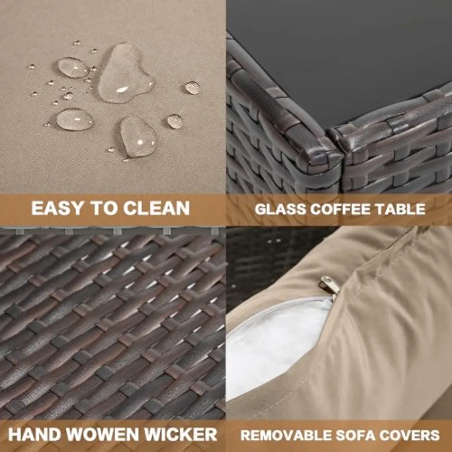5 Pieces Outdoor Patio Furniture Set All-Weather Sectional Sofa Dark Brown PE Rattan Wicker Conversation Set with Glass Table a image 2