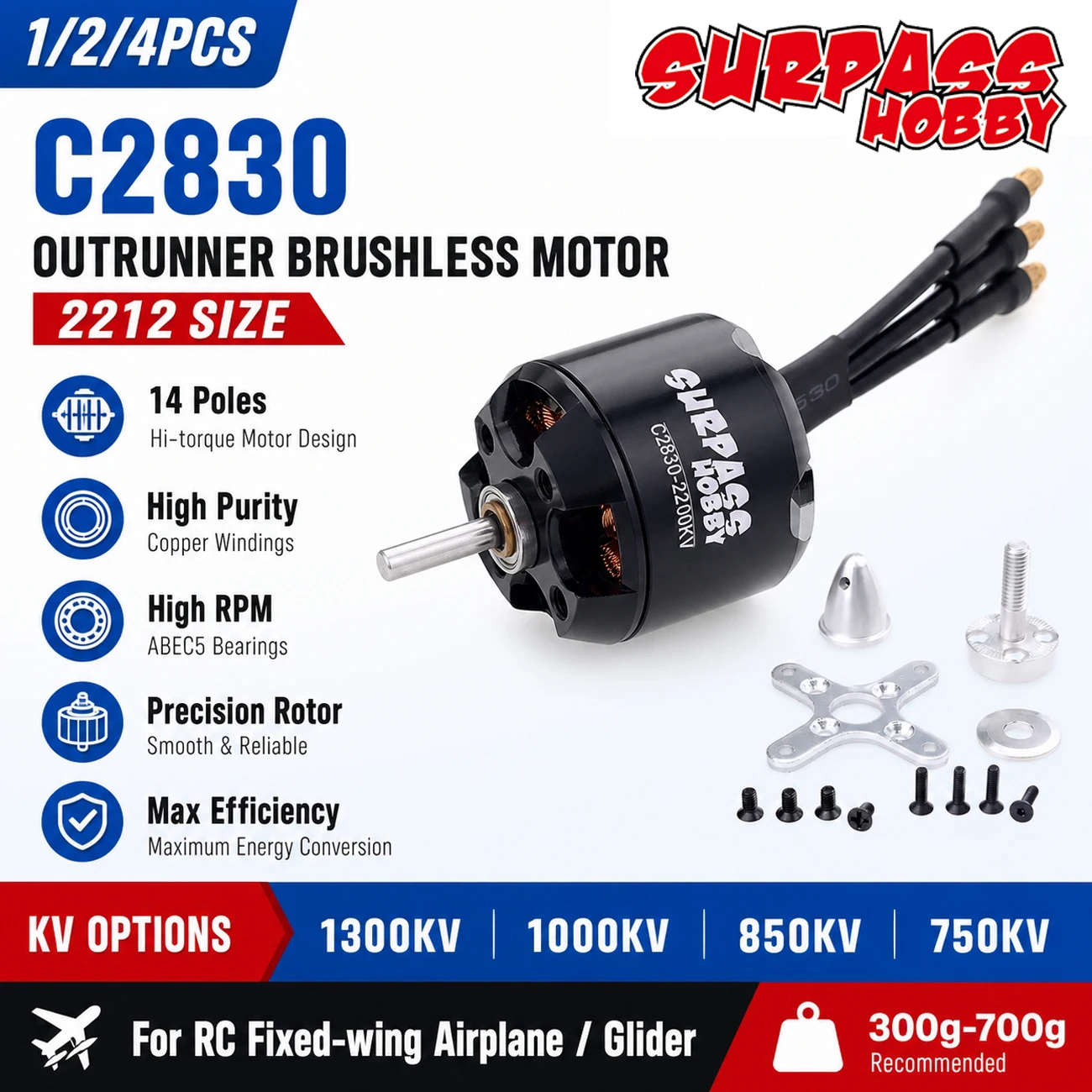 1/2/4PCS SURPASS HOBBY C2830 2212 1300KV 1000KV 850KV 750KV Outrunner Brushless Motor for RC Fixed-wing Glider Airplane 300-700g