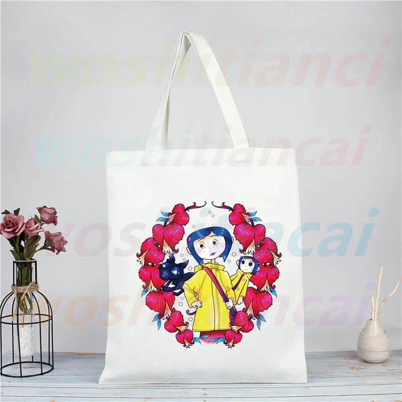 Coraline Girls Cartoon 90s Shopping Bag Eco Canvas Shopper Bolsas De Tela Bag Shoping Reusable Sacolas