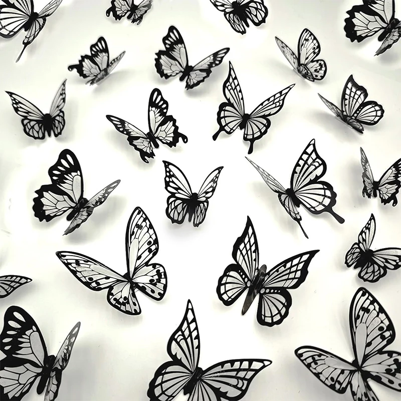 20Pcs 3D Retro Butterfly Transparent Black Stickers Holographic Laser Decals for Home Room Birthday Party Decor DIY Supplies