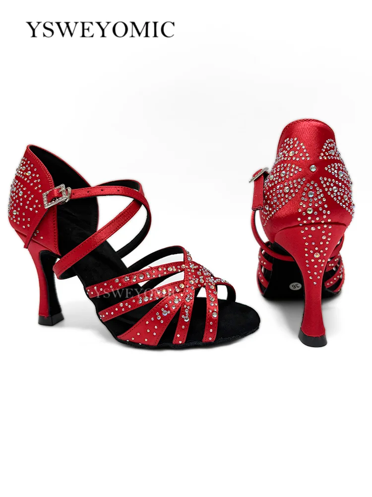 Zapatos de Baile Latino Rojos para Salsa, Suela de Gamuza, Tacón Cubano de 9 cm, Color de Tacón Personalizado, Zapatos de Baile de Salón para Mujer
