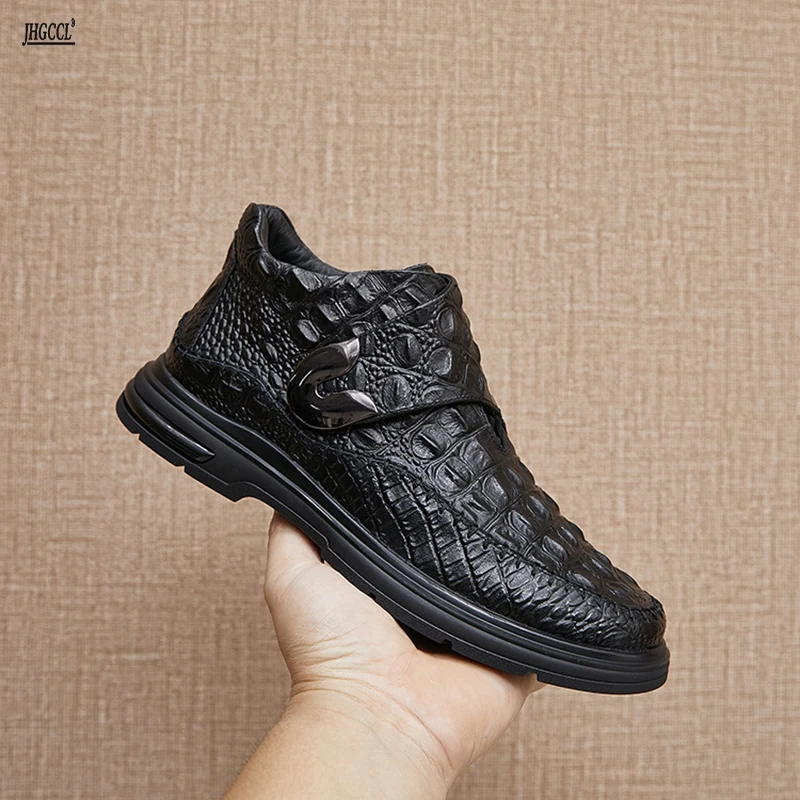 

New men's leather boots for autumn and winter, warm fleece boots, crocodile leather patterned men's shoes for winter A 20