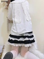 Sweet White Lolita Style Blouses Women Kawaii Rabbit Ears Peter Pan Collar Shirts Girly Cute Ruffles Patchwork Long Sleeve Tops