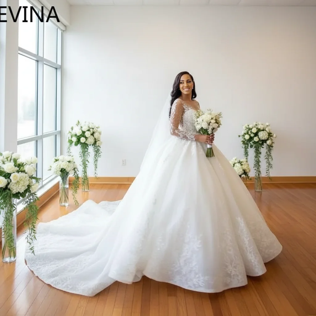 

Luxury Long Sleeve Illusion Lace Appliques Beading Embroidery Ball Gown Wedding Dress Customized Bridal Gown Vestidos De Novia