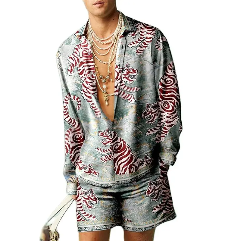 Vintage Men\'s Shirts Set Tiger Print Summer Long Sleeve Two Piece Hawaiian Beach Shirt Set 2023 Men\'s Fashion Street Tops Set