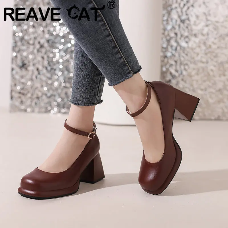 REAVE CAT Women Pumps Pigskin Round Toe Block Heels 8cm Platform 1.5cm Buckle Strap Concise Office Lady Shoes Big Size 41 42 43