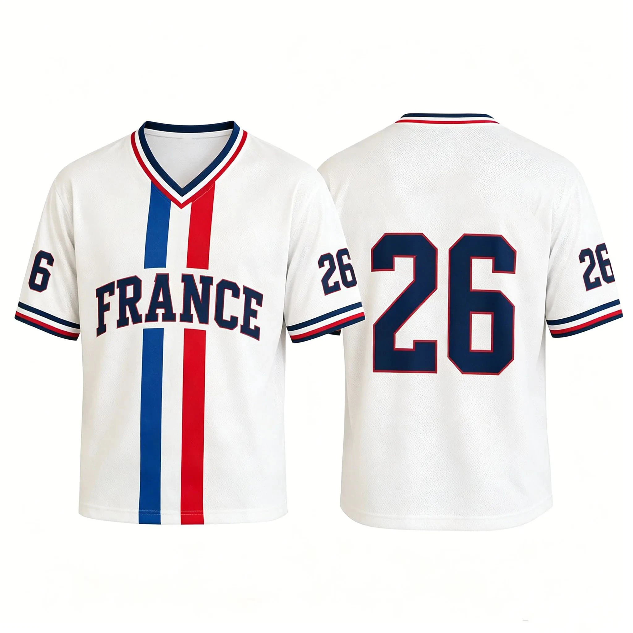 Family Replica Inspired France Soccer Jersey V‑Neck Short Sleeve, Tricolor Stripe Number Print, Polyester Sport Tee