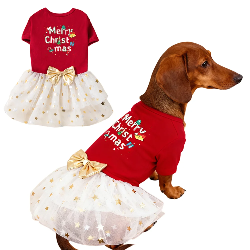 

Dog Dress Printed Christmas Holiday Theme Girl Pet Clothes with Bowtie Doggie Outfits Festival Dog Dresses for Small Dogs
