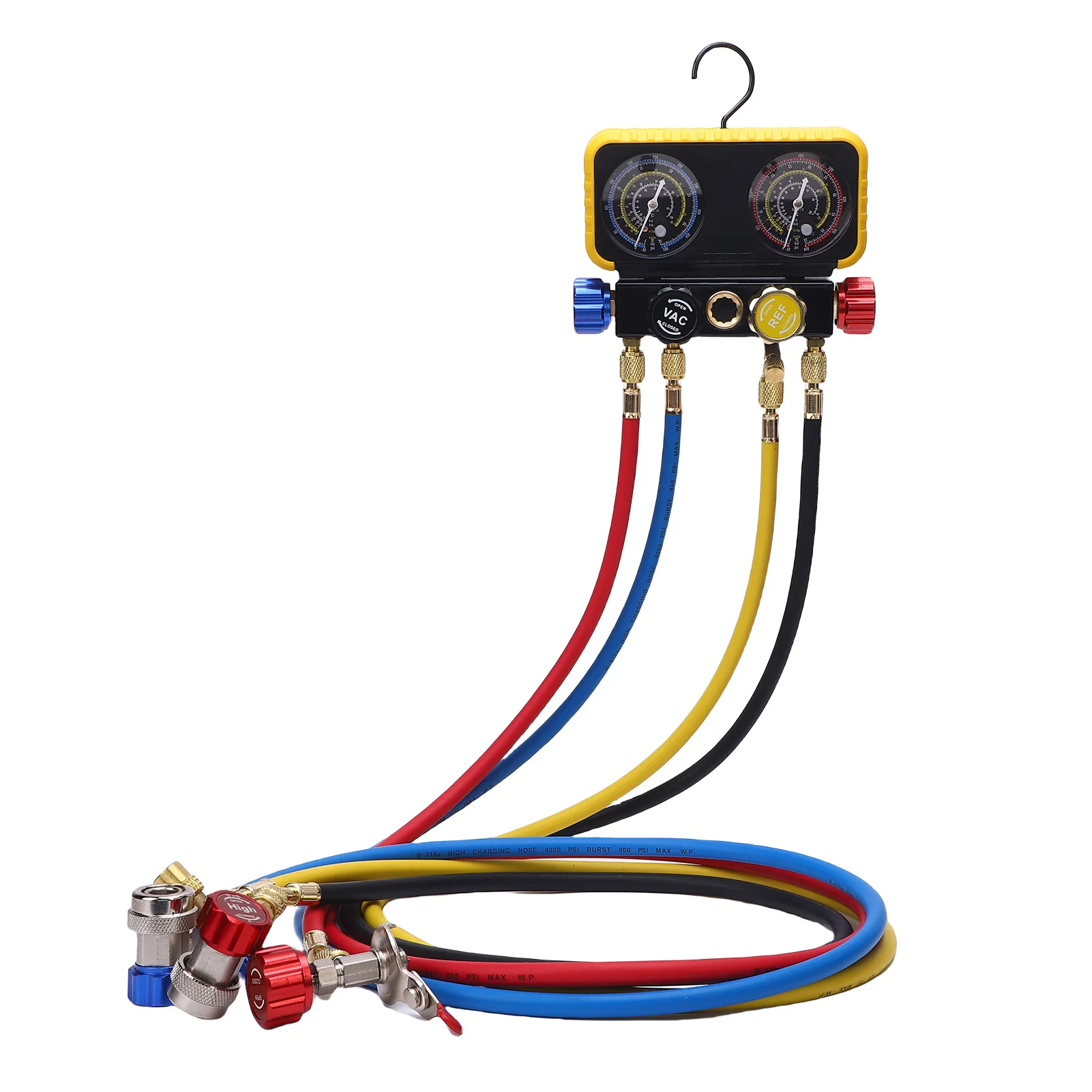 HVAC Gauges with Hoses 4 Way Heavy Duty Brass AC Manifold Gauge Set Replacement for R410A R32 R134A R22 Refrigerants