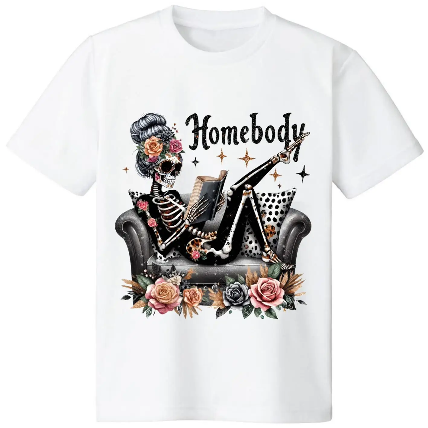 

Homebody T-shirt Women's Skeleton Graphic Tee Funny Book Lover Tops Gothic Skull Print Introvert Gifts