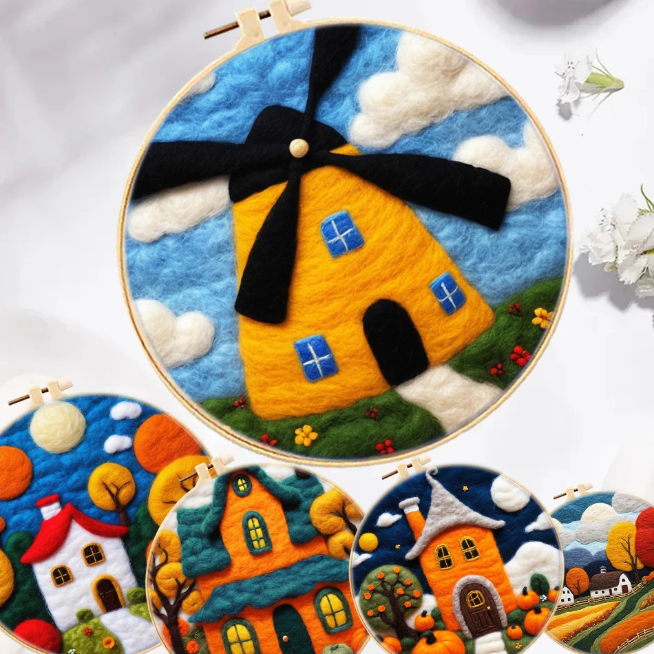

GATYZTORY Needle Felt Starter Set Windmill House Felt Painting Kit Handmade Picture Wool Needle Felt Set For Women Beginner