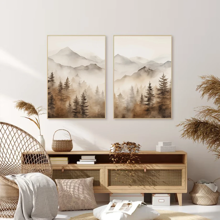 محايد المائية ضبابي الغابات الجبلية الطبيعة المشهد المشارك حائط لوح رسم الفن صور ديكور غرفة المعيشة المنزلي #2