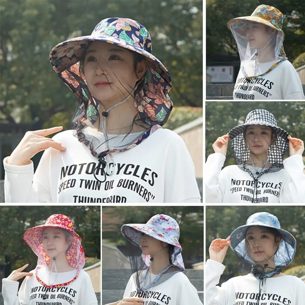 Fashion Floral Mosquito Hat Wide Brim with Net Mesh Bucket Hat Face Neck Protection Anti-UV Insect Proof Cap Outdoor