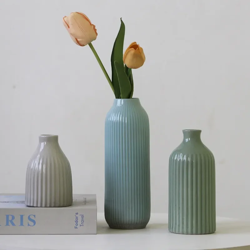 for Nordic Ceramic Vertical Pattern Dried Flower Vase Home Ornament for Jingdezhen Creative Vase Soft Decoration Jewelry