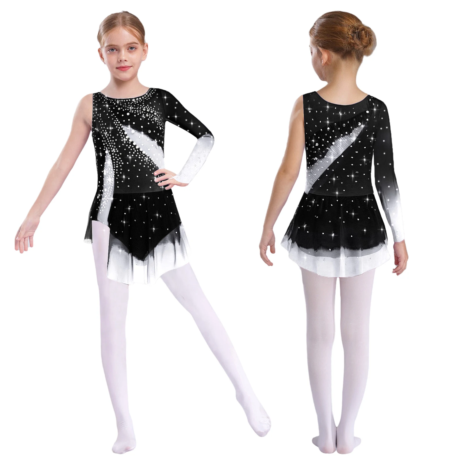 6-16Y Girls Figure Skating Lyrical Dance Dress Shiny Rhinestone Sheer Mesh Leotard Dresses for Gymnastics Acrobatics Ballet