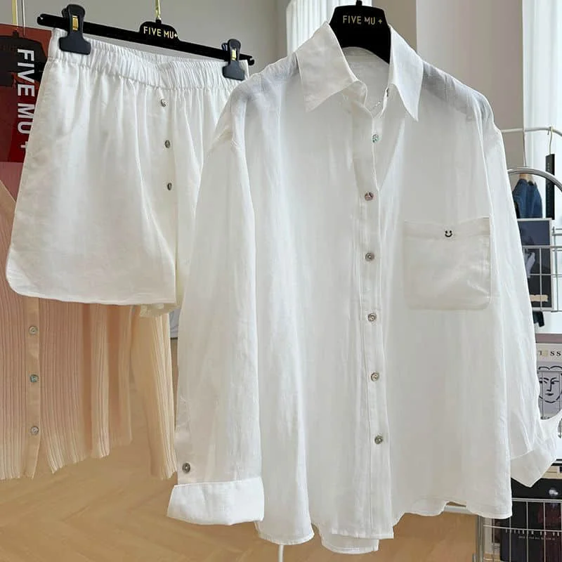 

Новые комплекты в тон Свободные однобортные рубашки в корейском стиле с длинным рукавом и воротником-поло Повседневные брюки Комплекты из 2 предметов Женские базовые костюмы