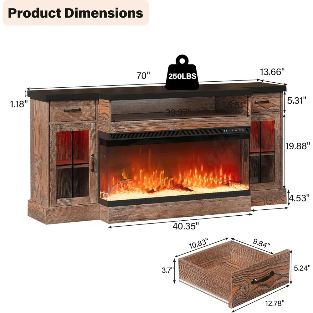 Fireplace TV Stand, Suitable for 80 Inch TVs, Fireplace Entertainment Center, with Adjustable Storage Cabinet, LED Lights