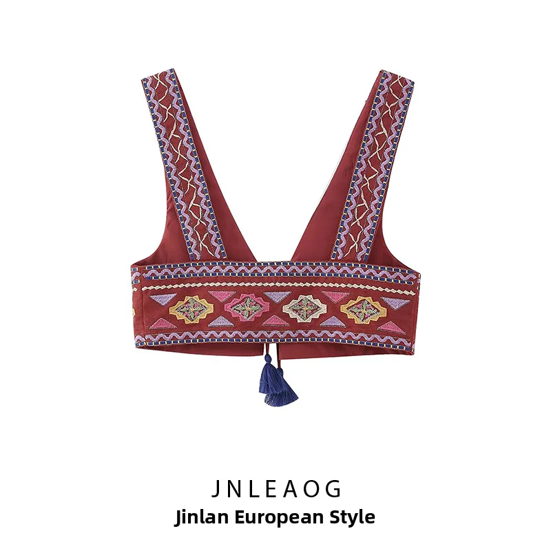 JNLEAOG Autumn New Women's Fashion Patchwork Color Personality Pendant Embroidery Short Vest Polyester Geometric Pattern