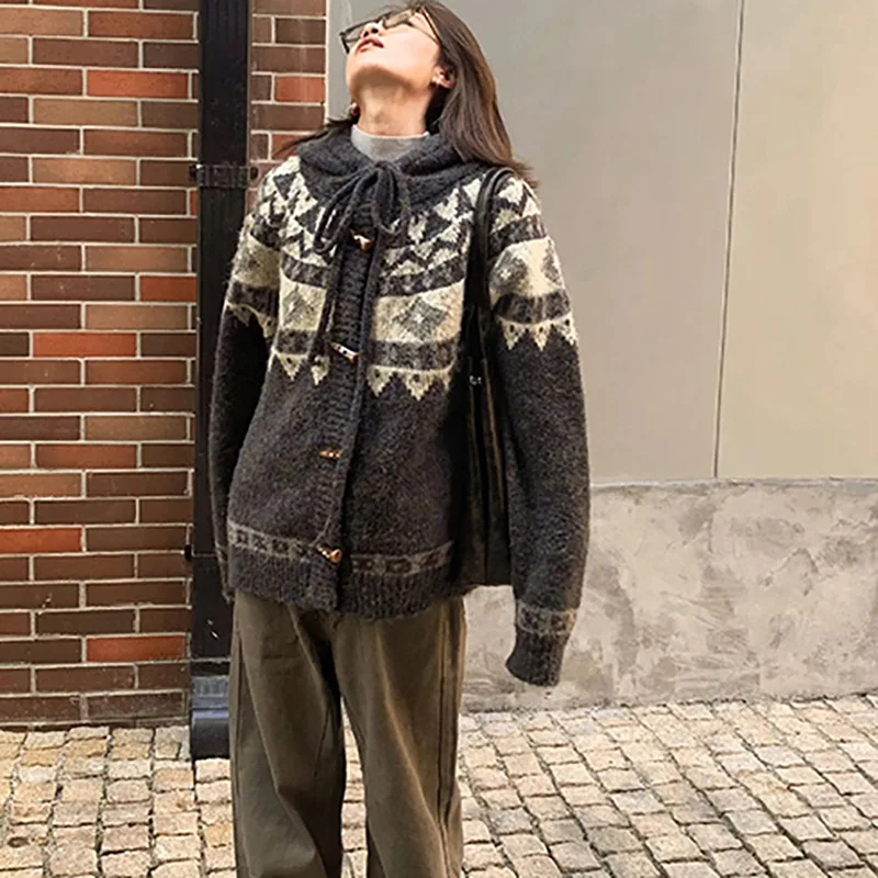 Jersey para niña, cárdigan de punto con botones de cuerno Retro, suéter de Jacquard Fair Island, chaqueta, prendas de punto de estilo Preppy para mujer, Otoño Invierno