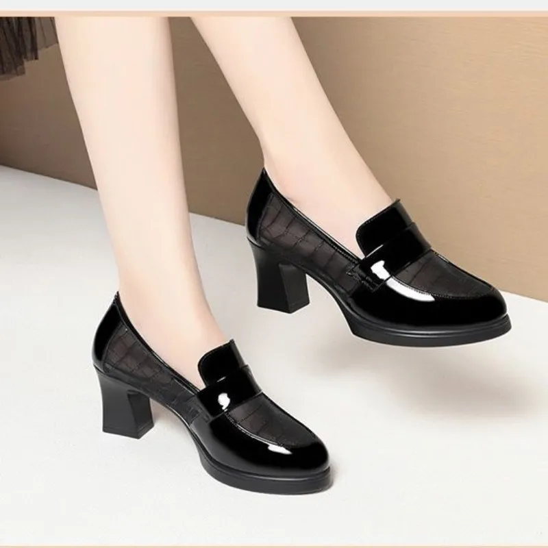 Spring/Autumn Women's Mesh & Leather Fashion High Heels - Hollow Out Soft Leather Mid Heel Soft Sole Chunky Heel Loafers2026
