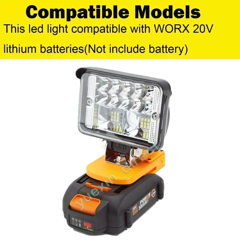 휴대용 무선 LED 작업등, Worx 20V 리튬 배터리, 야외 비상 조명, USB QC3.0 충전식, 배터리 없음