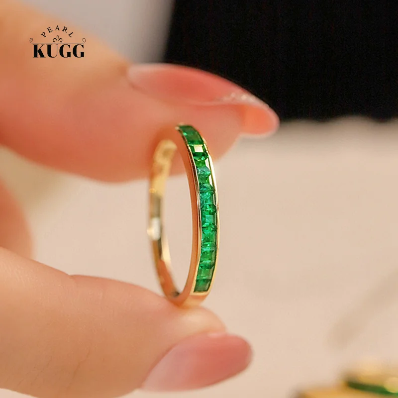 

KUGG 18K Yellow Gold Rings Luxury Elegant Style Real Natural Emerald Gemstone Engagement Ring for Women High Wedding Jewelry