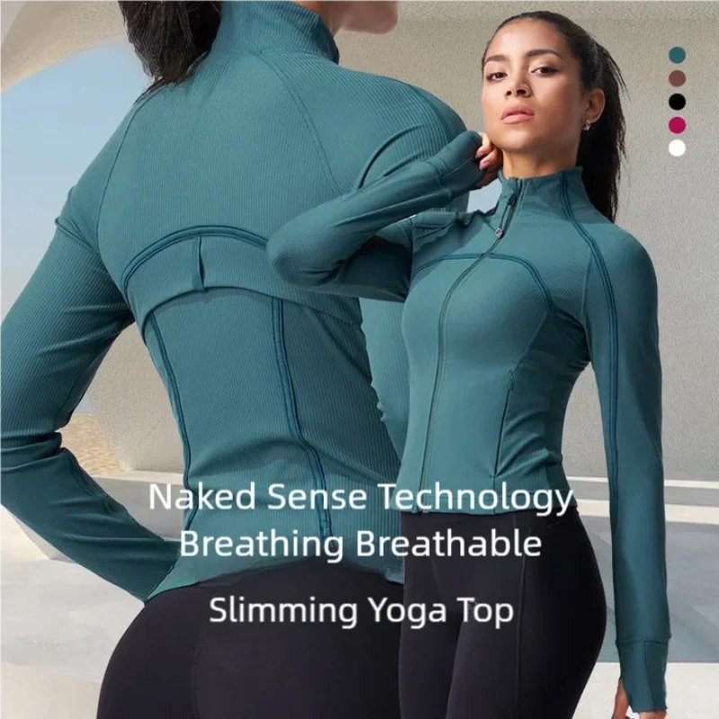 

Women's Gym Clothes Outdoor Ribbed Turtleneck Sports Jacket & Fitted Slimming Yoga Top - Nude-Feel Fingerless Thicker Activewear