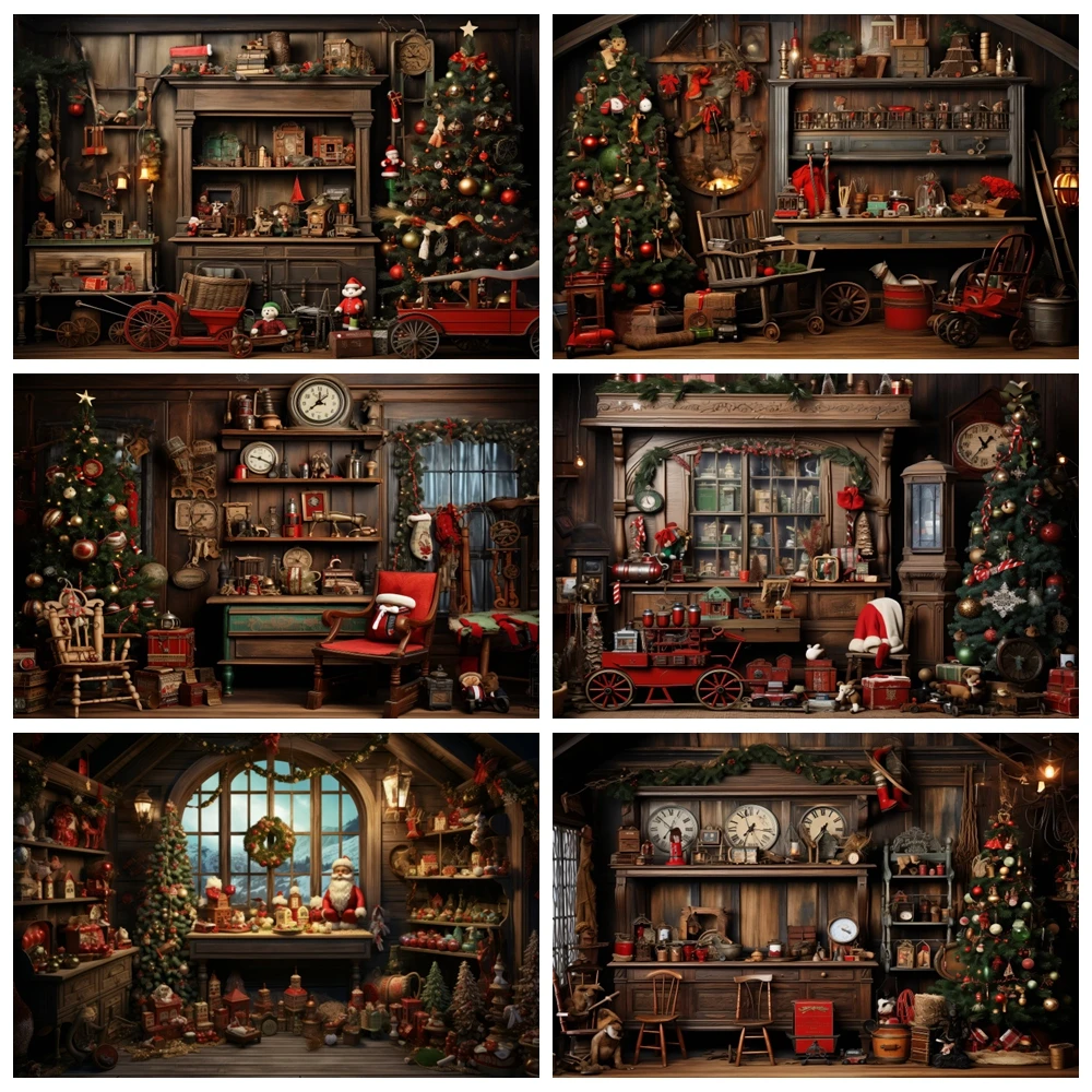 

Christmas Backdrop for Photography Rustic Wood House Xmas Tree Gifts Santa Claus Warehouse Kids Portrait Background Photo Studio